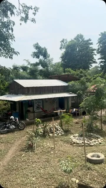 A hammock strung along the veranda of the long farm building in daylight.