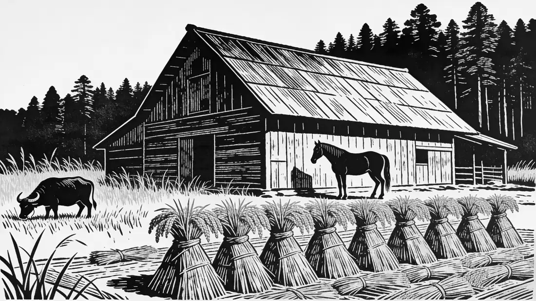 Engraved illustration of a timber barn with a horse beside it, sheaves of rice, a grazing water buffalo and a forest treeline behind.