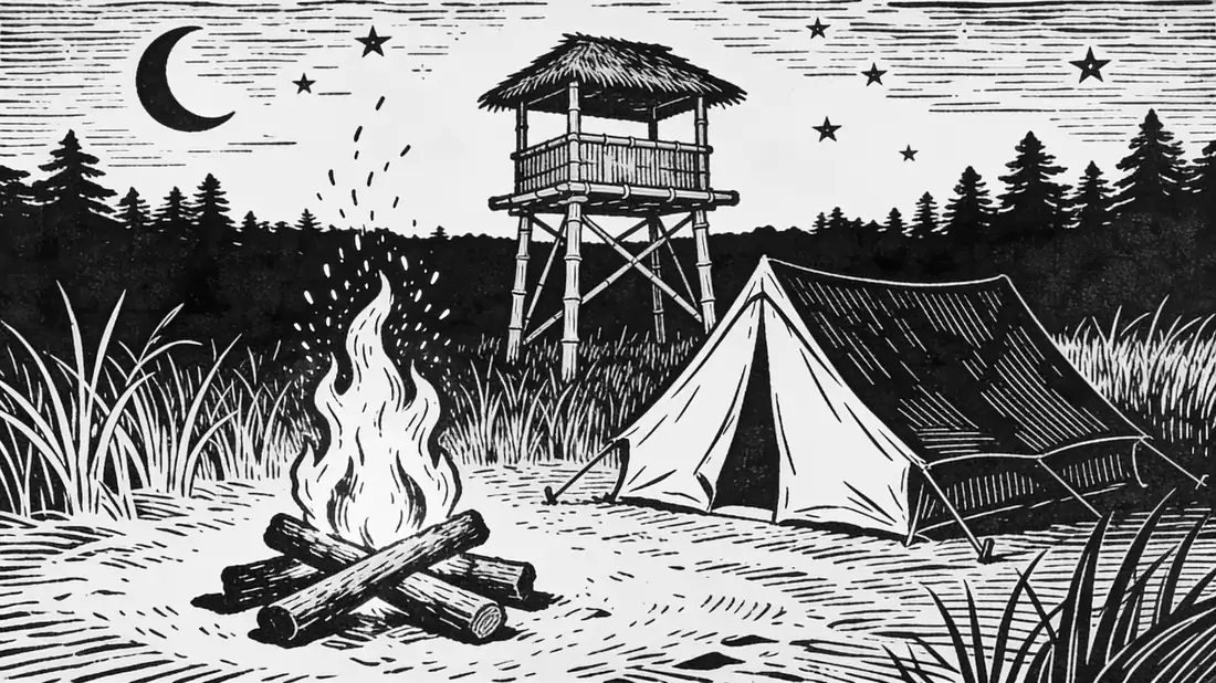 Engraved illustration of a campfire, a canvas ridge tent and a raised thatched machan under a crescent moon.